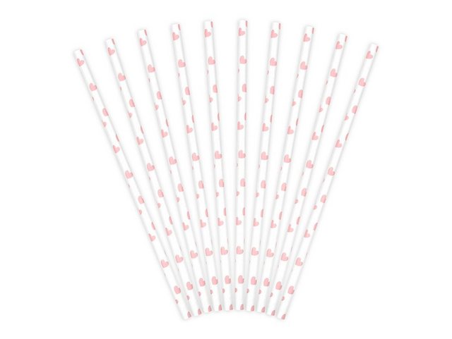 Bild von partydeco Trinkhalme, Papierstrohhalme mit Herzen 19cm weiß rosa 10er Set
