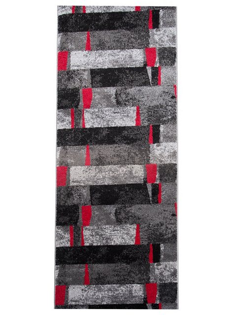 Bild von TAPISO JAWA Läufer Teppich Flur Brücke Meliert Modern Kurzflor Grau Schwarz Rot Viereck Streifen Muster Designer Wohnzimmer ÖKOTEX 80 x 110 cm