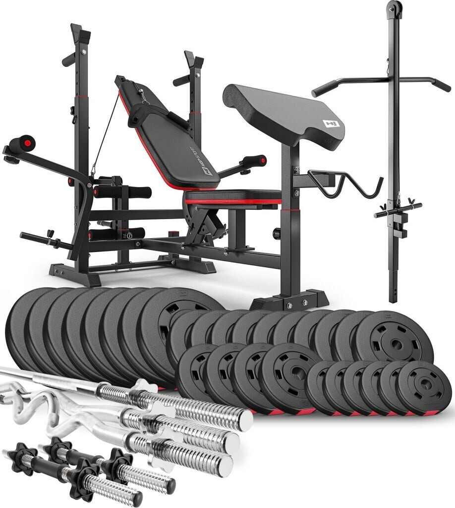 Bild von Hop-Sport Hantelbank Kraftstation HS-1075 mit Lang-, Curl- & Kurzhantel Gewichte 75kg bis 173kg + Latzug (173kg)