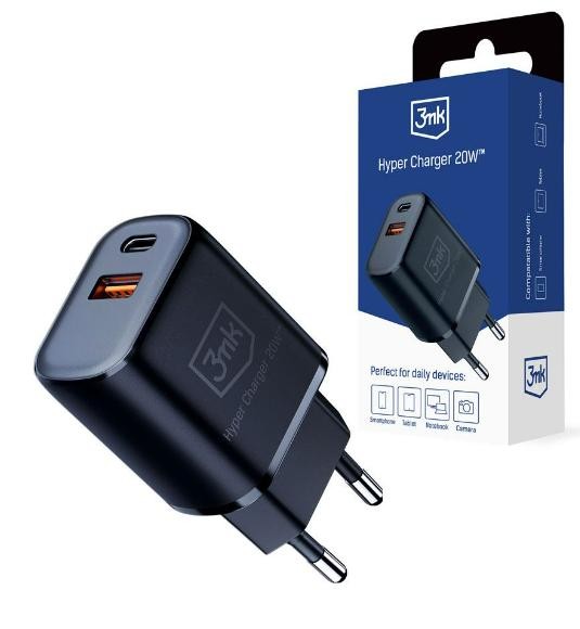 Bild von 3MK HyperCharger 20W 1xUSB-C + 1xUSB-A ładowarka sieciowa PD/QC czarna/black (20 W), USB Ladegerät, Schwarz