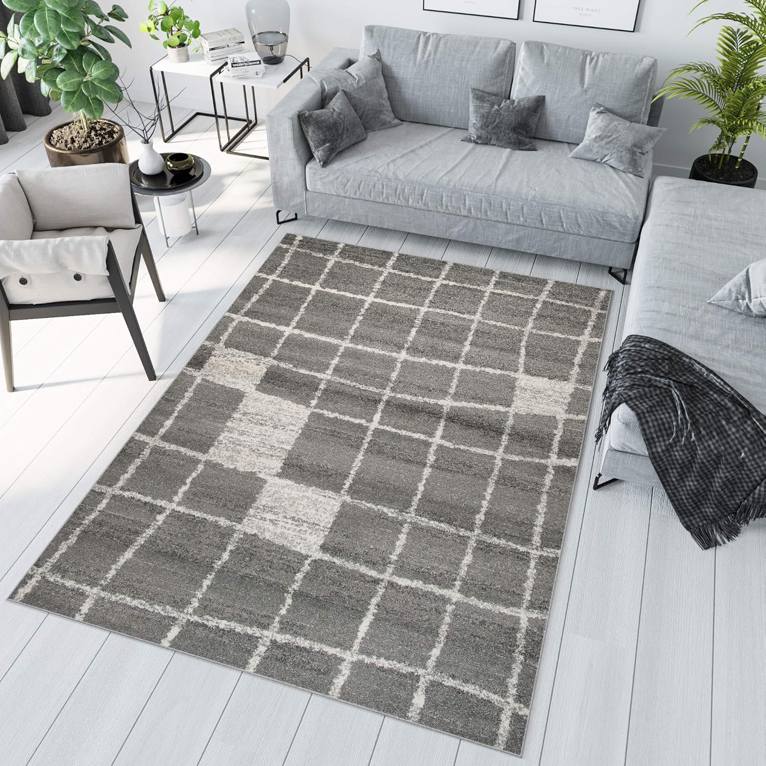 Bild von TAPISO Sari Teppich Modern Kurzflor Vierecke Karo Design Grau Creme Wohnzimmer Schlafzimmer Meliert Verwischt ÖKOTEX 120 x 170 cm