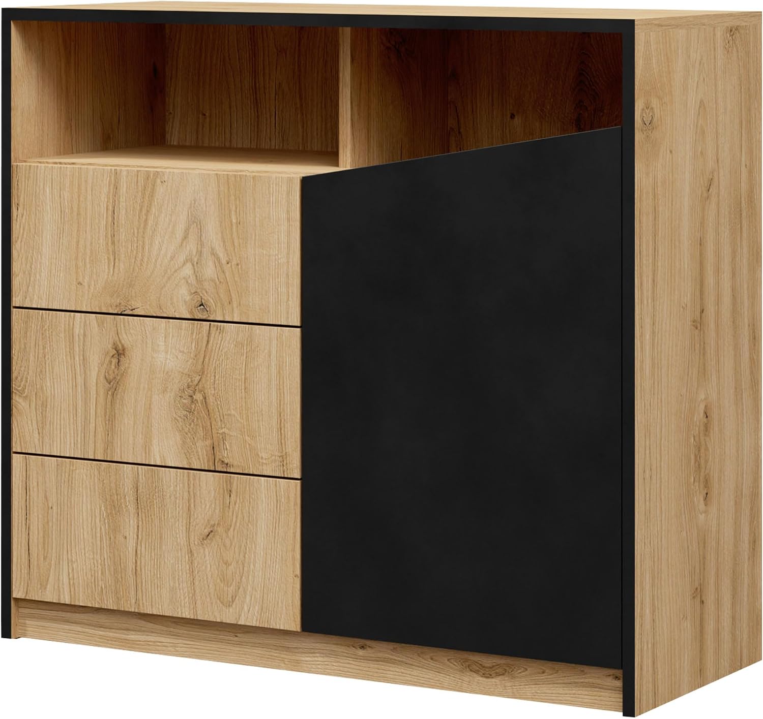 Bild von Mirjan24 Kommode Alnino AO05 mit 3 Schubladen und Tür, innen 2 Fächer, 2 Regale, Push to Open, Türkommode, Highboard, Anrichte, Sideboard (Ewige Eiche + Schwarz)