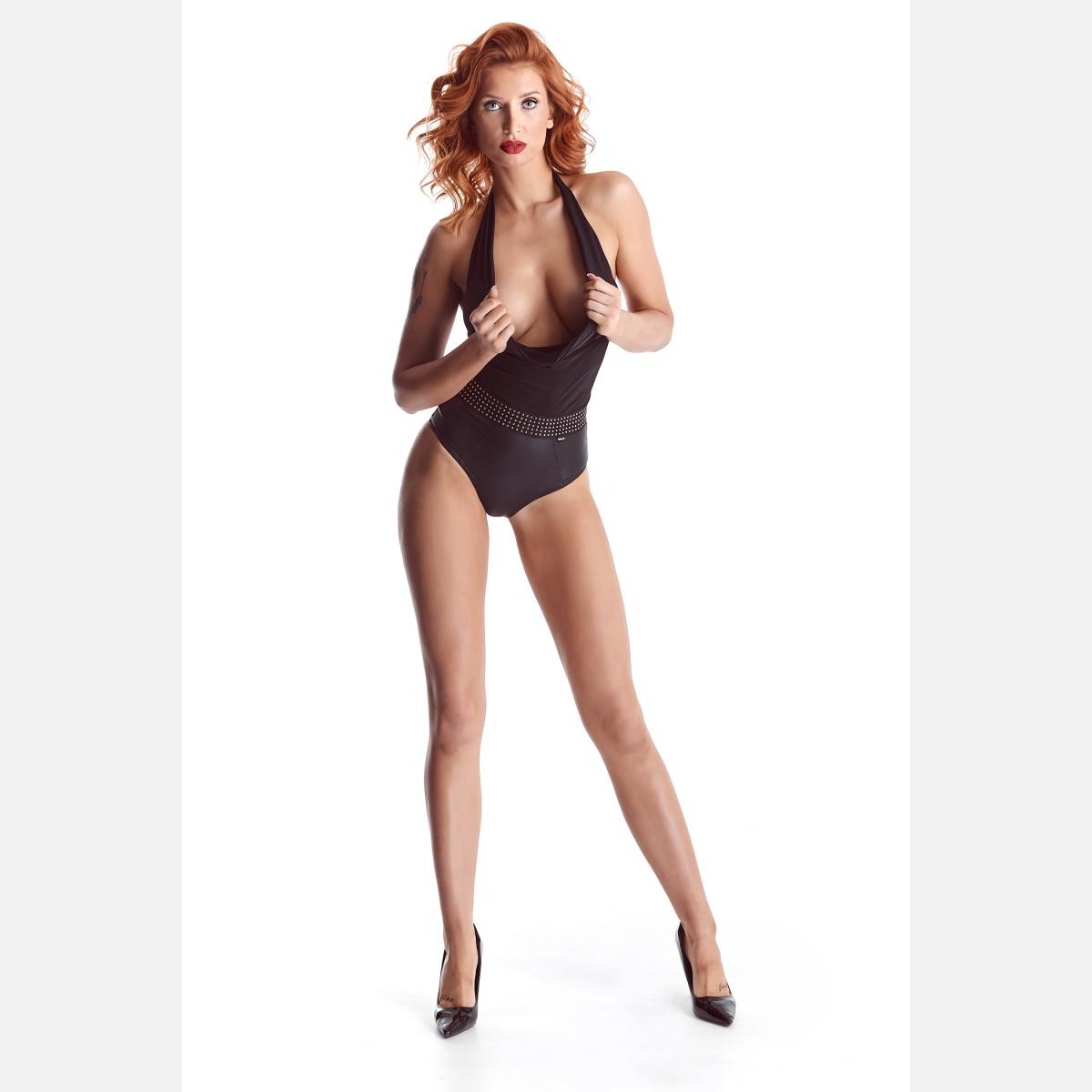 Bild von Elastischer Wetlook Body mit Wasserfallausschnitt von Demoniq