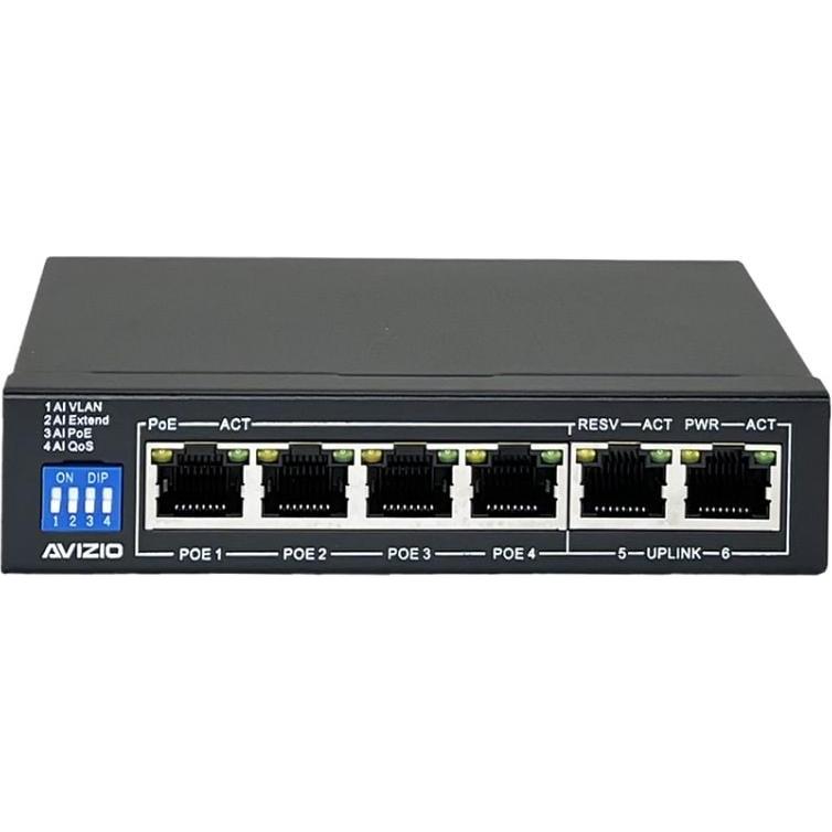 Bild von Avizio Switch 4x RJ45 PoE 1Gb/s + 2x RJ45 Uplink 1Gb/s (6 Ports), Netzwerk Switch, Schwarz
