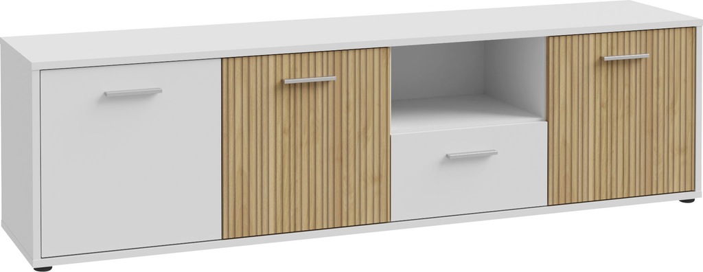 Bild von FORTE Lowboard 3 Türen, Schublade, Weiß/ Lamela Eiche Dekor - 182,9x50,3x40cm (BxHxT)