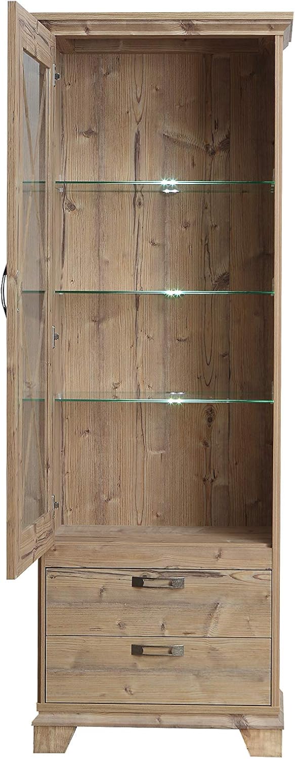 Bild von FORTE Nepal Vitrine mit 1 Glastür und 2 Schubladen, Holzwerkstoff, Bramberg Fichte, 75,6 x 209,2 x 45 cm