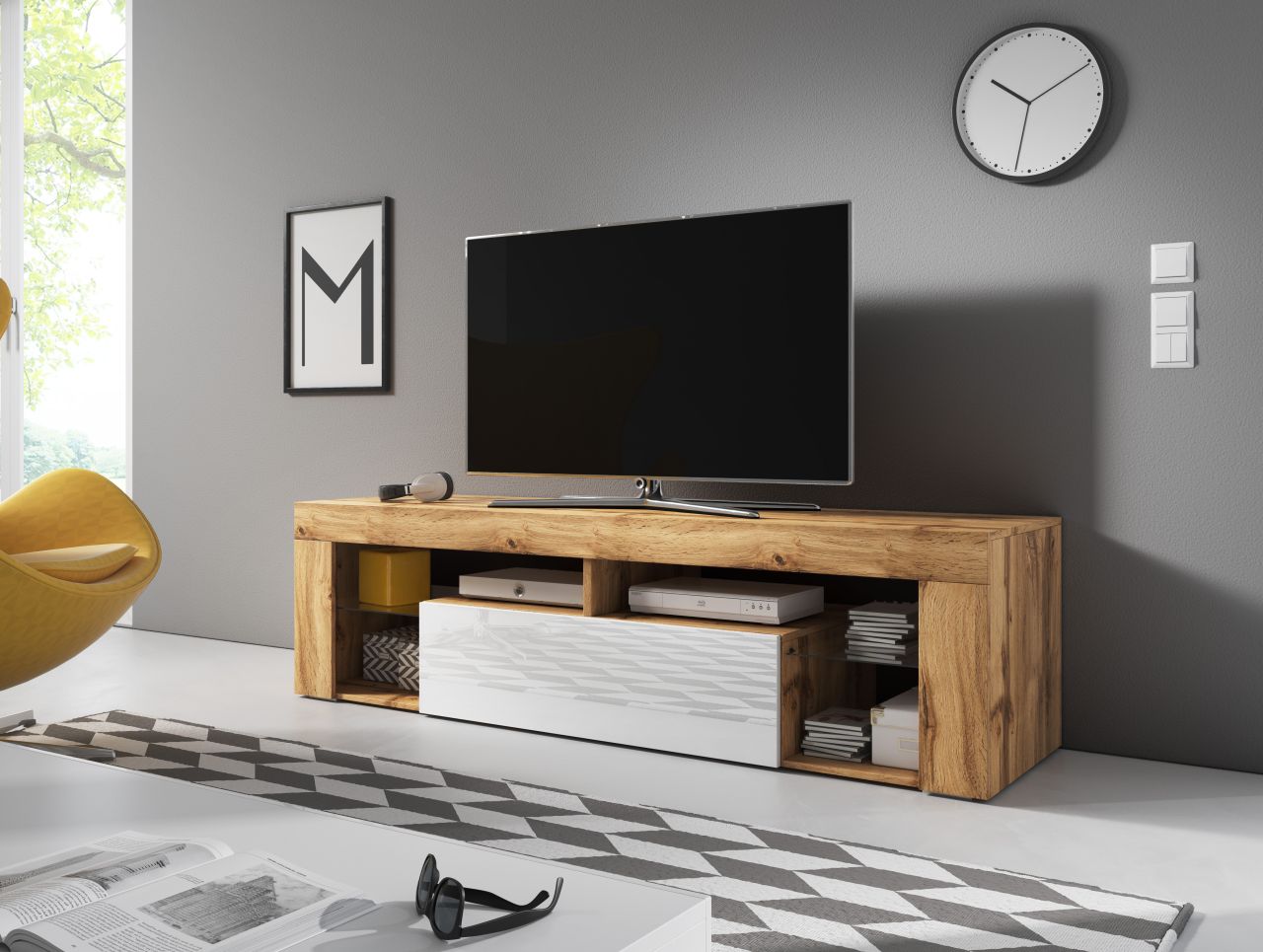 Bild von Lowboard 140 Fernsehkommode Fernsehtisch TV-Tisch TV-Board - Wotan Eiche / Weiß