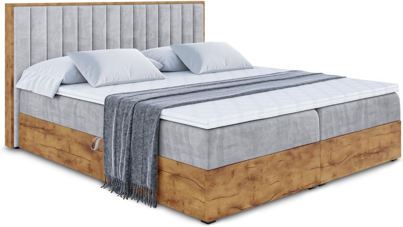 Bild von ALTDECOR Boxspringbett mit Bettkasten Multipocket-Matratze H4 mit Topper + PUR + Kokosmatte, (4 cm hoch), Polsterbett mit Kopfteil und Bettkasten mit Eiche Holz - LOLLI4-180x200 Grau Samt