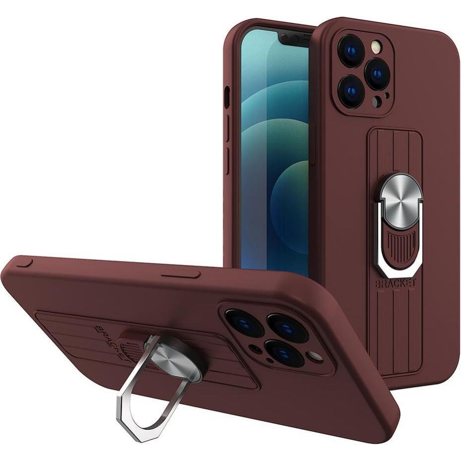 Bild von Hurtel Ring Case silicone case with finger grip and stand for iPhone 12 Pro brown (Apple iPhone 12 Pro), Smartphone Hülle, Braun