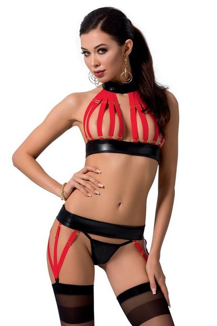 Bild von Passion Set: Bügel-BH Strapse-Set Aziza rot schwarz 3 tlg mit Bändern und (Set)