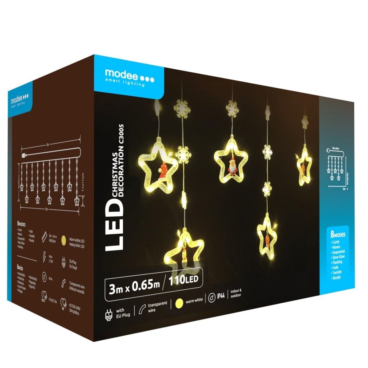 Bild von Modee | Weihnachtsbeleuchtung LED-Lichterkette | 3m | 110 Lichter mit 8 Lichtmodi | IP44 | Warmweißes Licht