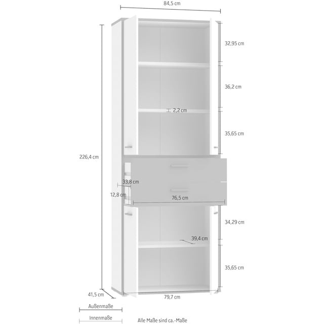 Bild von FORTE KEFLAVIK Schrank mit 4 Türen und 2 Schubladen, Holzwerkstoff, Weiß / Uni Wolfram Grau, 84.5 x 226.5 x 41.5 cm
