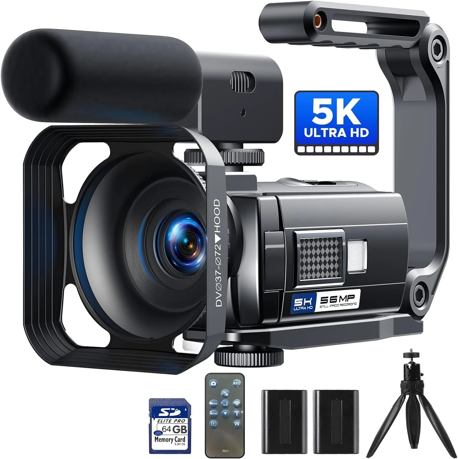 Bild von 5K Videokamera mit 56 MP für Vlogging und YouTube, 3 Zoll Touchscreen, WiFi, Nachtsicht, inklusive 64 GB Karte, Mikrofon, Stabilisator, Fernbedienung, 2 Batterien und Stativ