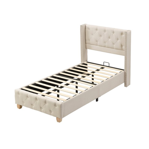 Bild von LIFEISLE Bettgestell mit Lattenrost und Kopfteil, Knopfpolsterung Holzbeine, Samt/Linen