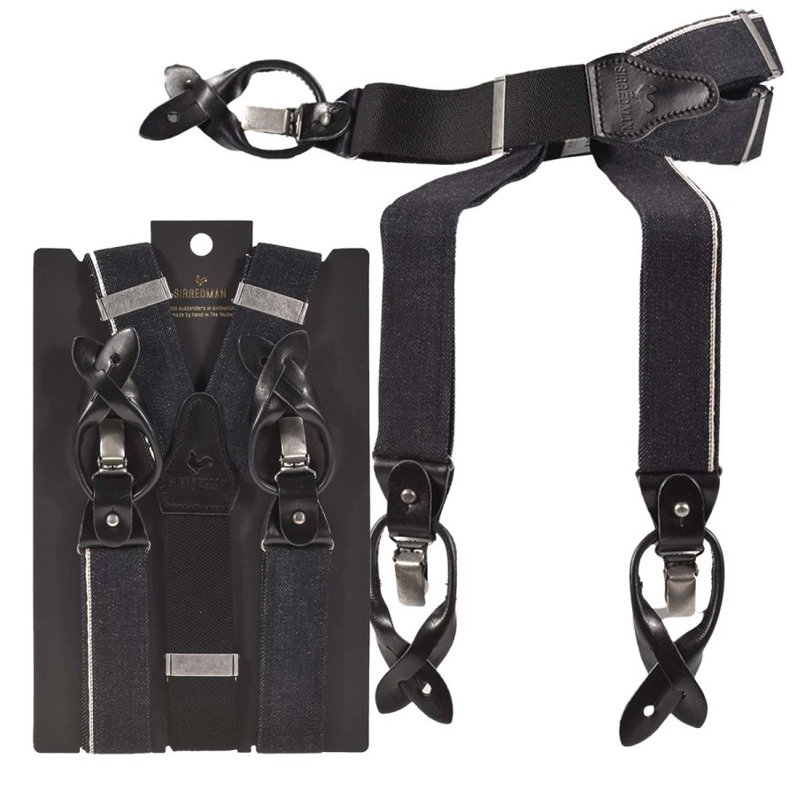Bild von Sir Redman Hosenträger Herren Vintage Style für Männer "Candiani" Denim mit Lederschlaufen für Knöpfe und Clips, Y-Form, Black Jack schwarz