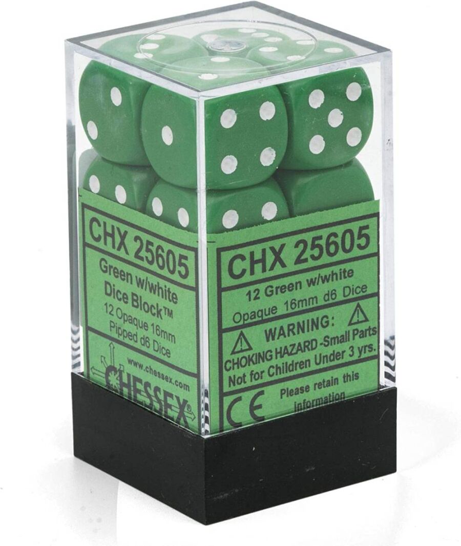 Bild von Opaque 16mm d6 with pips Dice Blocks (12 Dice) - Green w/white