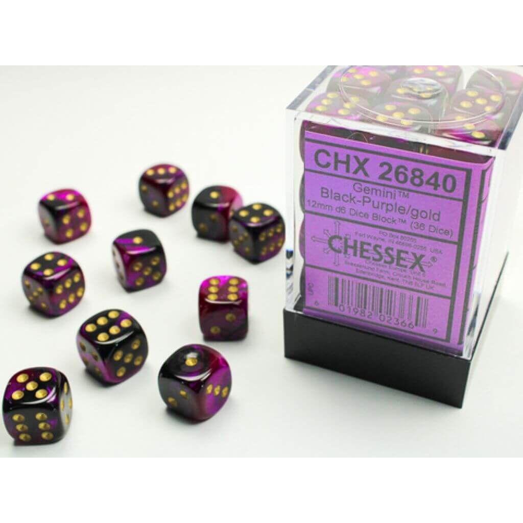 Bild von Gemini 12mm d6 Dice Blocks with pips Dice Blocks (36 Dice) - Black-Purple w/gold