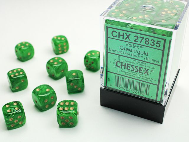 Bild von Chessex Vortex Green/Gold 36x W6 12mm Dice Set 36 Würfel