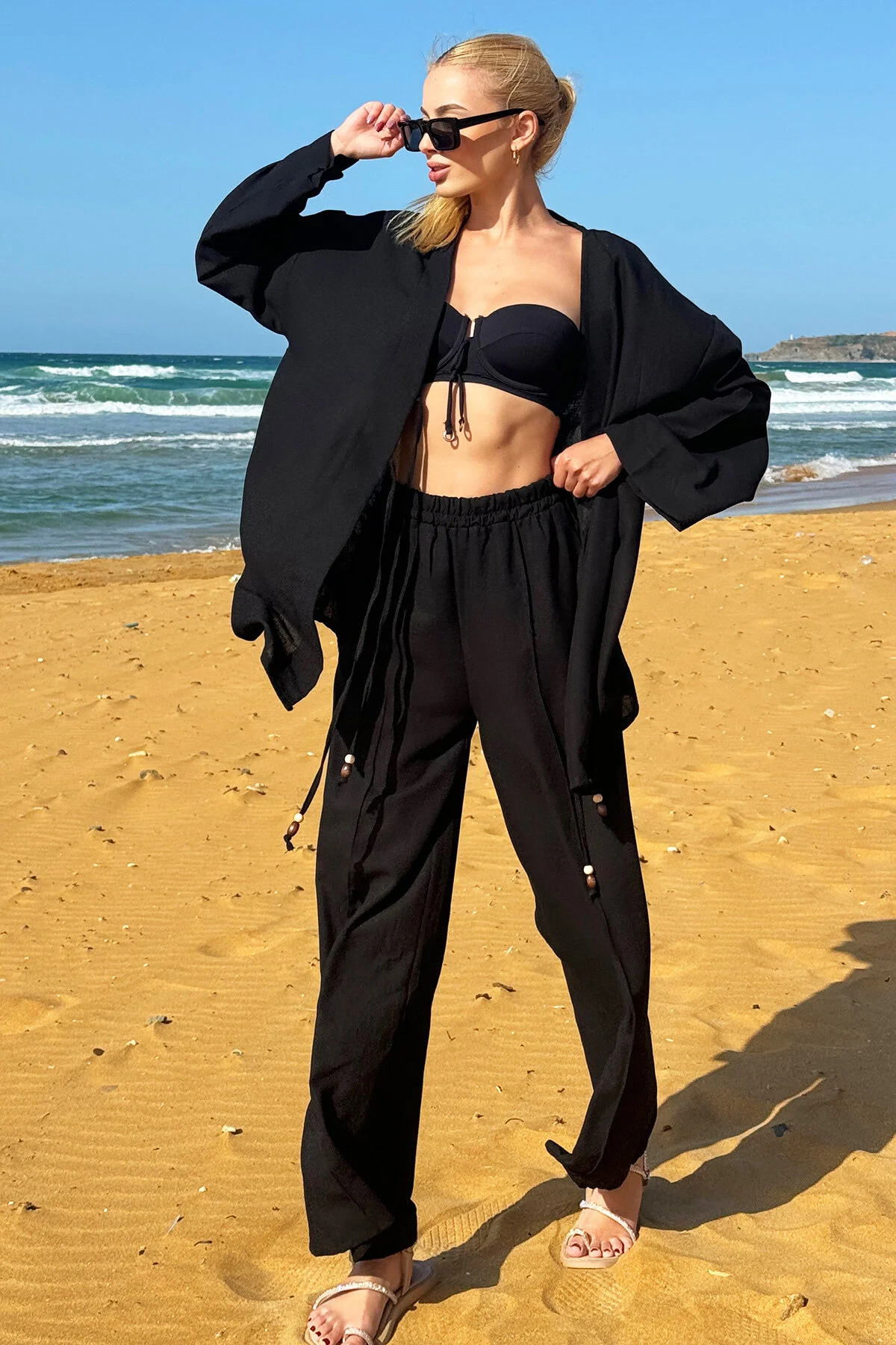 Bild von Trend Alaçatı Stili Schwarzes Set Aus Kimonojacke Und Palazzohose – Zum Schnüren, für Damen - L