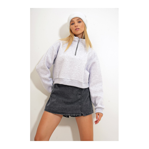 Bild von Trend Alaçatı Stili Graues Rollkragen-Crop-Sweatshirt