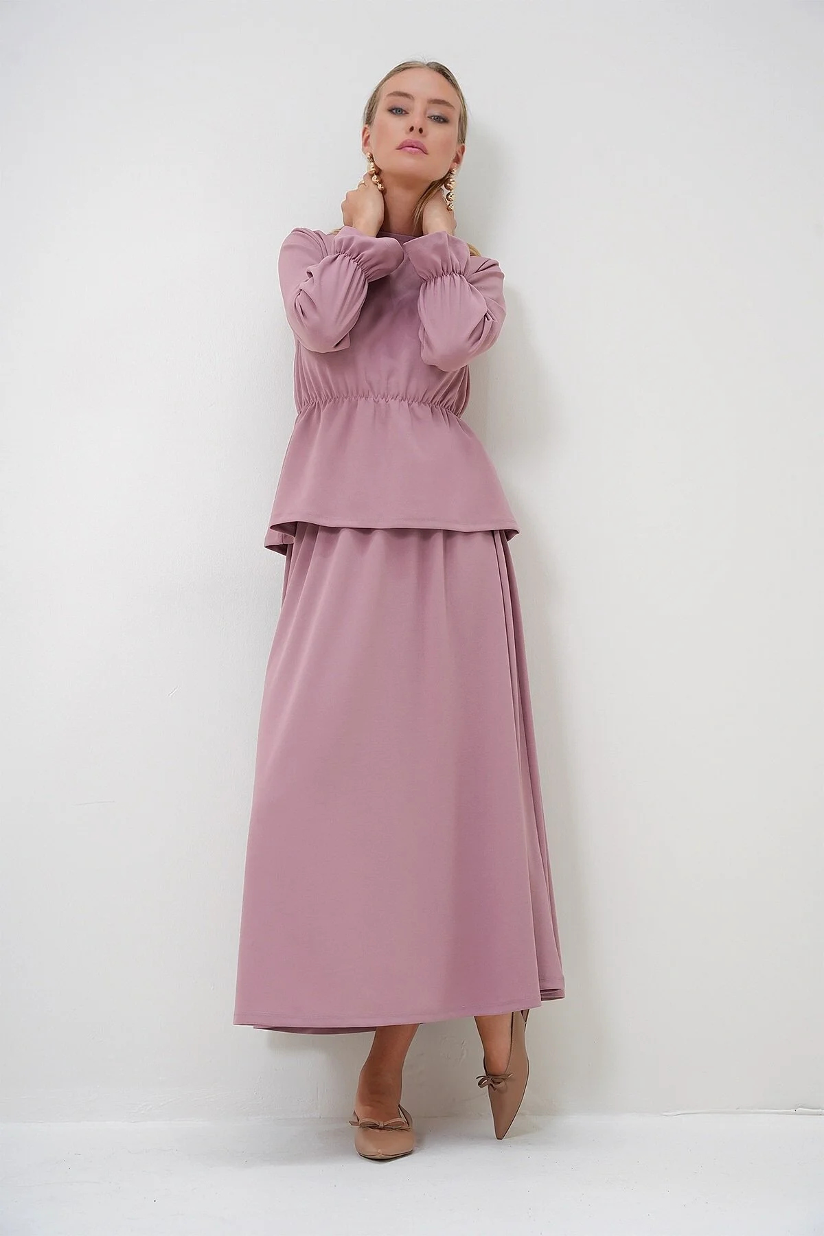 Bild von Trend Alaçatı Stili Set „dried Rose“ Mit Rundhalsausschnitt, Volant-tunika Und Rock für Damen - S