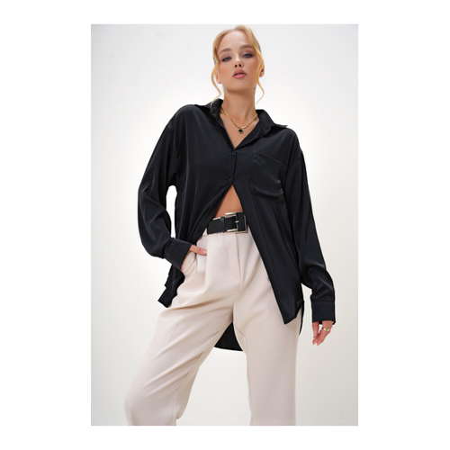 Bild von Trend Alaçatı Stili Schwarzes Oversize-Hemd aus Seidensatin