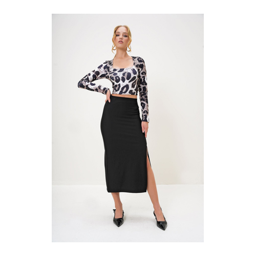 Bild von Trend Alaçatı Stili Schwarzer Ottoban-midirock Aus Stoff – Elastische Taille Und Schlitz für Damen