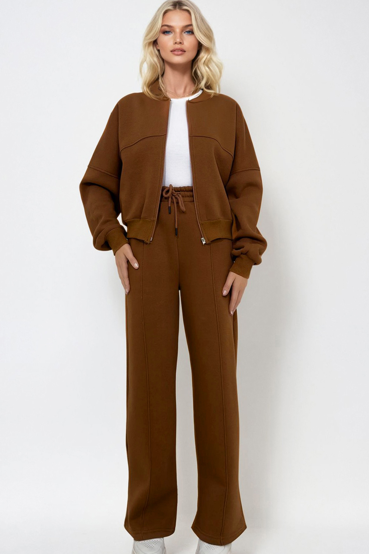 Bild von Trend Alaçatı Stili Zimtfarbenes Set Aus Sweat- Und Grashose – Rundhalsausschnitt, 3-faden-reißverschluss für Damen - XL