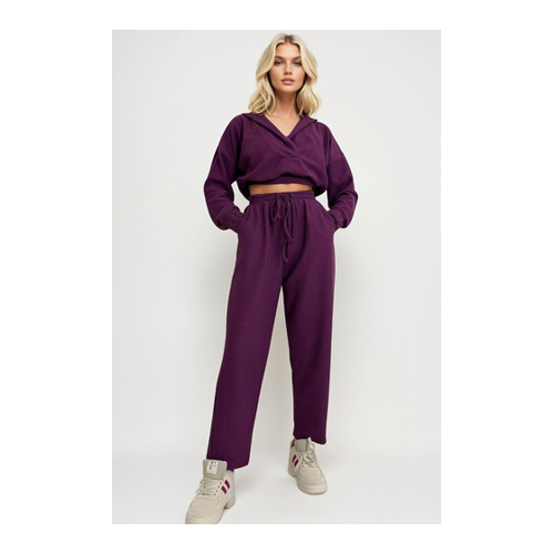 Bild von Trend Alaçatı Stili Pflaumenfarbenes Set Mit Kapuze Und Zweireihigem Ausschnitt für Damen