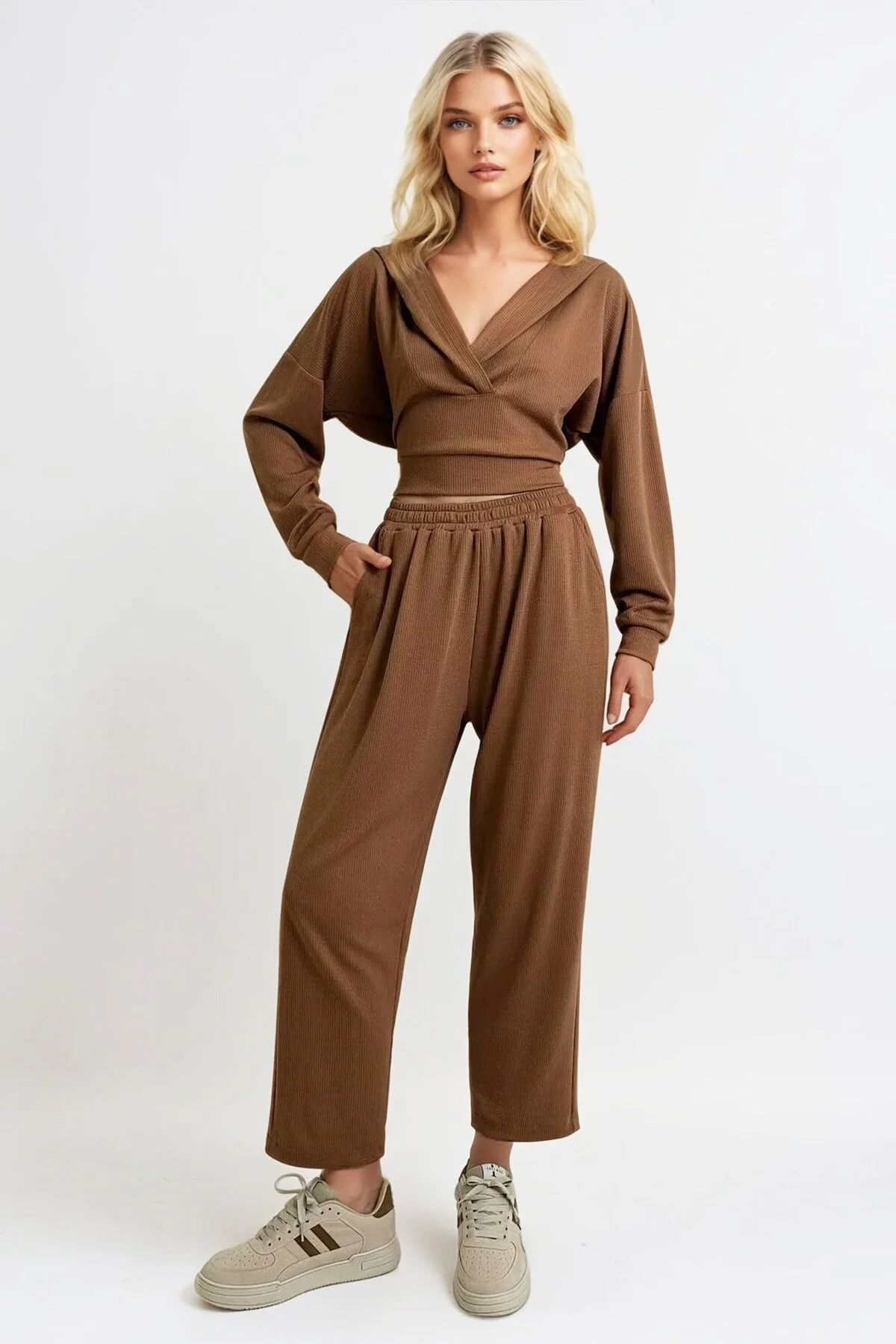 Bild von Trend Alaçatı Stili Set Mit Keks-kapuze, Zweireihigem Revers, Lockerer Passform, Saisonale Unterseite, für Damen - S