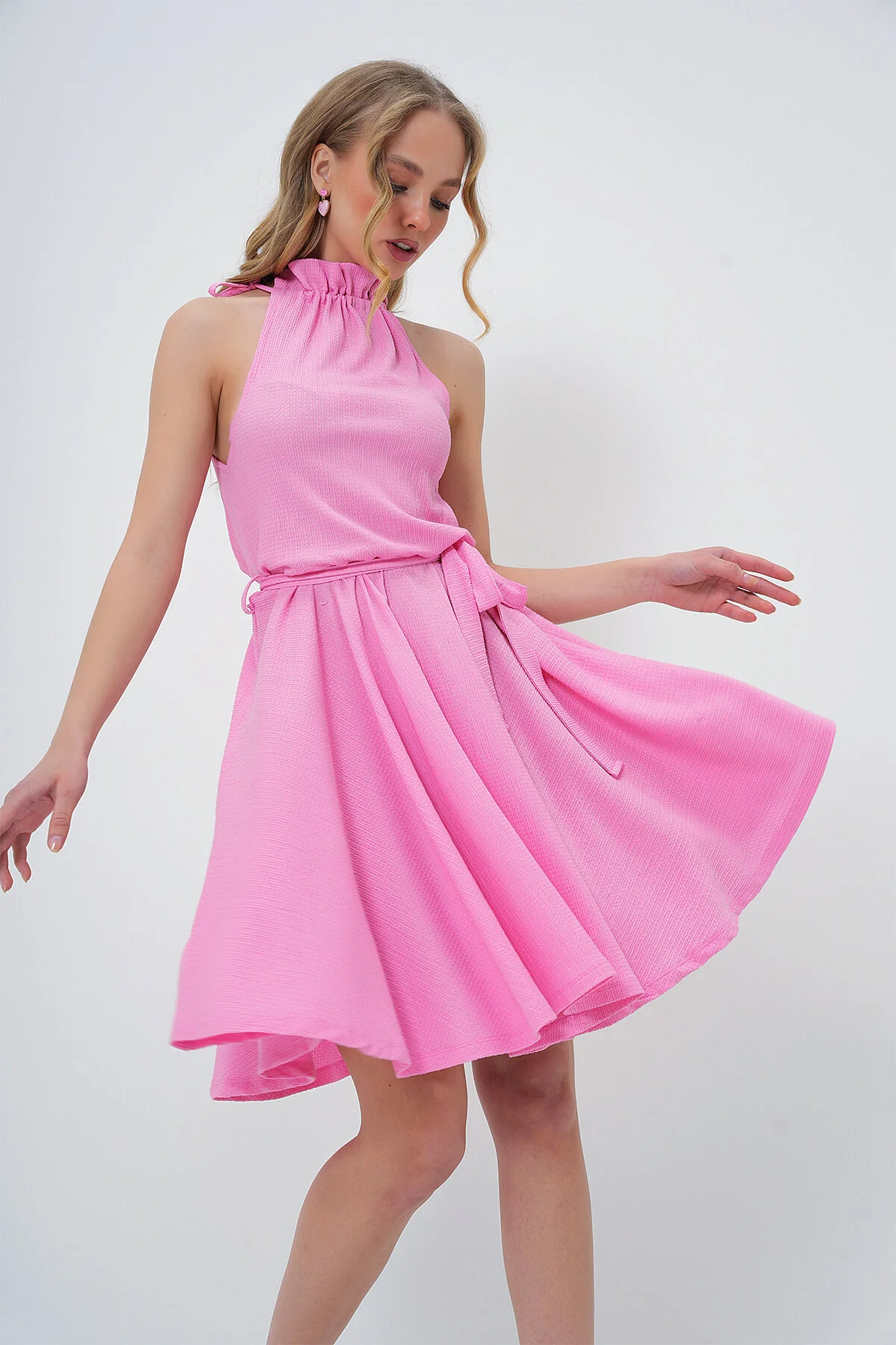 Bild von Trend Alaçatı Stili Rosafarbenes, Ausgestelltes Kleid Mit Kordelzug Und Gürtel für Damen - M