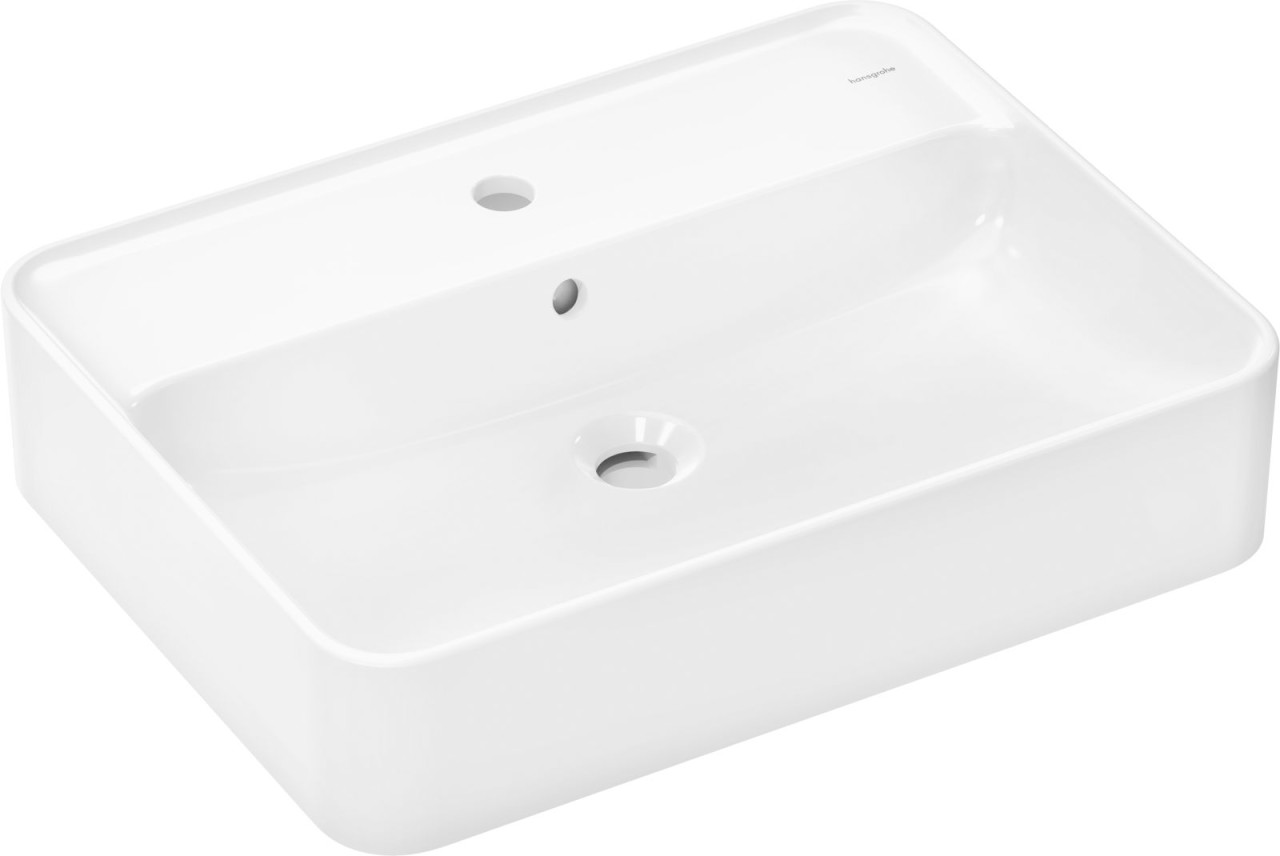 Bild von Hansgrohe Xuniva Q	1 x AufsatzwaschtischProduktdetails	SmartClean: spezielle Glasur mit schmutzvorbeugender Wirkung	mit Überlauf, 1 Hahnloch	Material: Keramik	Beckeninnenhöhe: 95 mm	ohne Ablage, ohne Ablaufganitur	Maße: 600 x 450 mm	Beckeninnenmaße: 580 x 295 mm	Farbe: weiß glänzend	mit BefestigungmaterialHinweis:	passend zu Xelu Waschtischunterschränke mit Konsole	Waschtischunterschrank mit Konsole nicht im Lieferumfang enthalten, bitte separat bestellen.