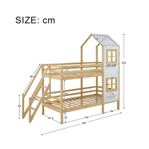 Bild von XDeer Kinderbett Etagenbett mit Handlauf und Fenster, Hausbett 90x200cm