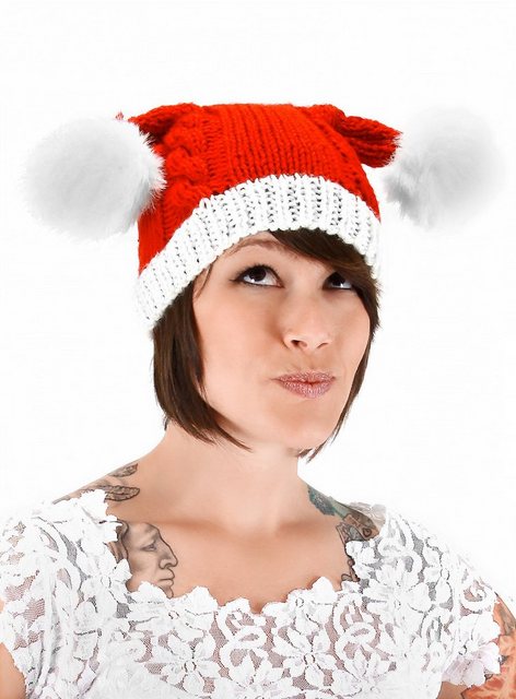 Bild von Elope Kostüm Weihnachtsmütze gestrickt mit Bommeln, Weihnachtliche Kopfdeckung für die kalten Tage