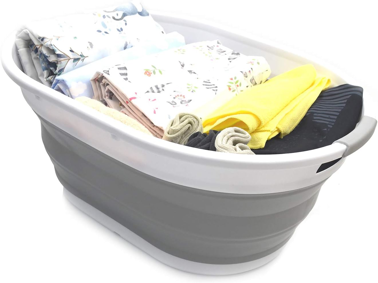Bild von SAMMART 28L Faltbarer Wäschekorb aus Kunststoff - Ovale Wanne/Korb - Faltbarer Aufbewahrungsbehälter/Organizer - Tragbarer Waschtrog - Platzsparender Wäschekorb Wasserkapazität 22L (Grau)