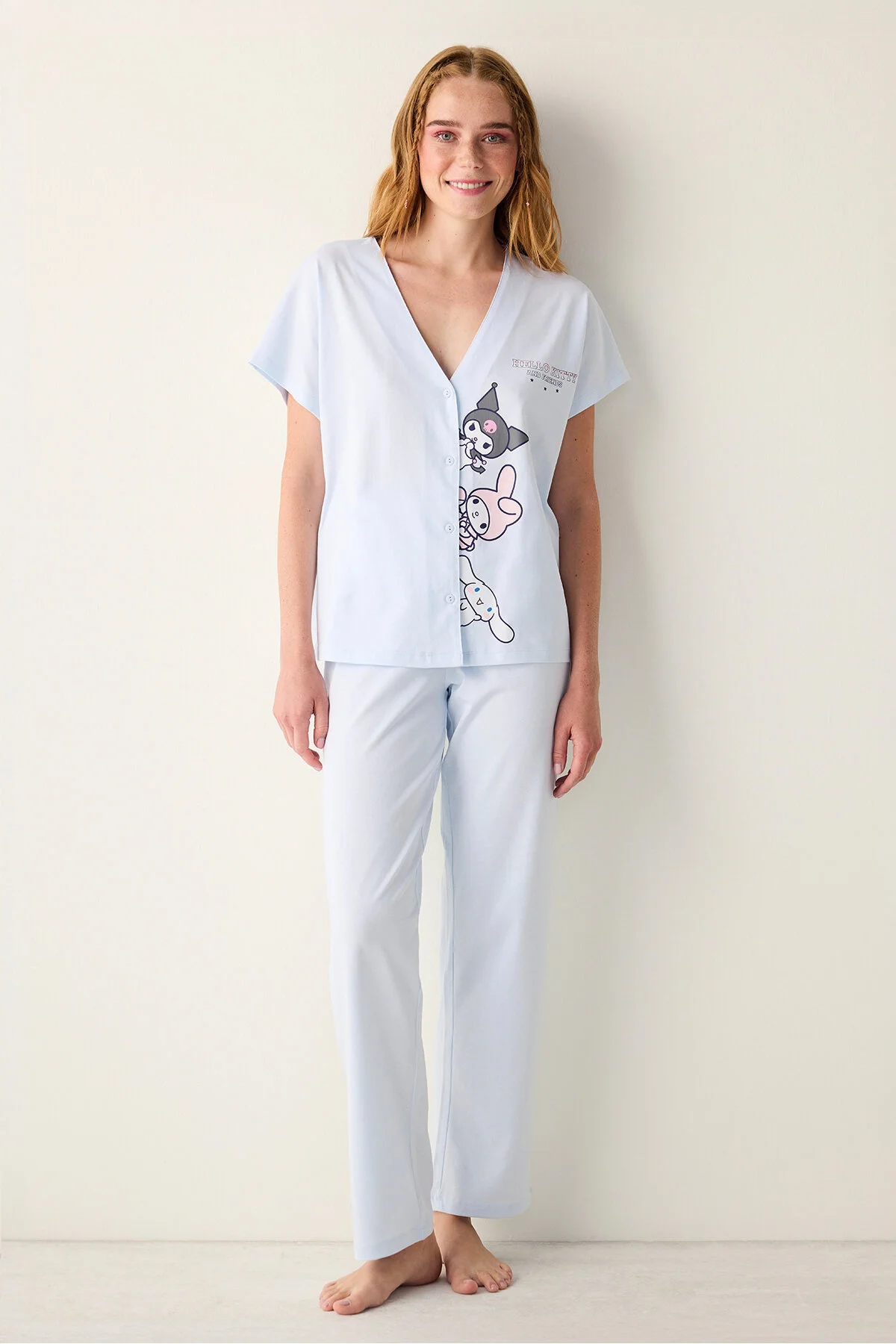 Bild von Penti Hellblaues Sanrio-pyjama-set Aus Baumwolle Mit Knöpfen Und Hemd Und Hose für Damen - S