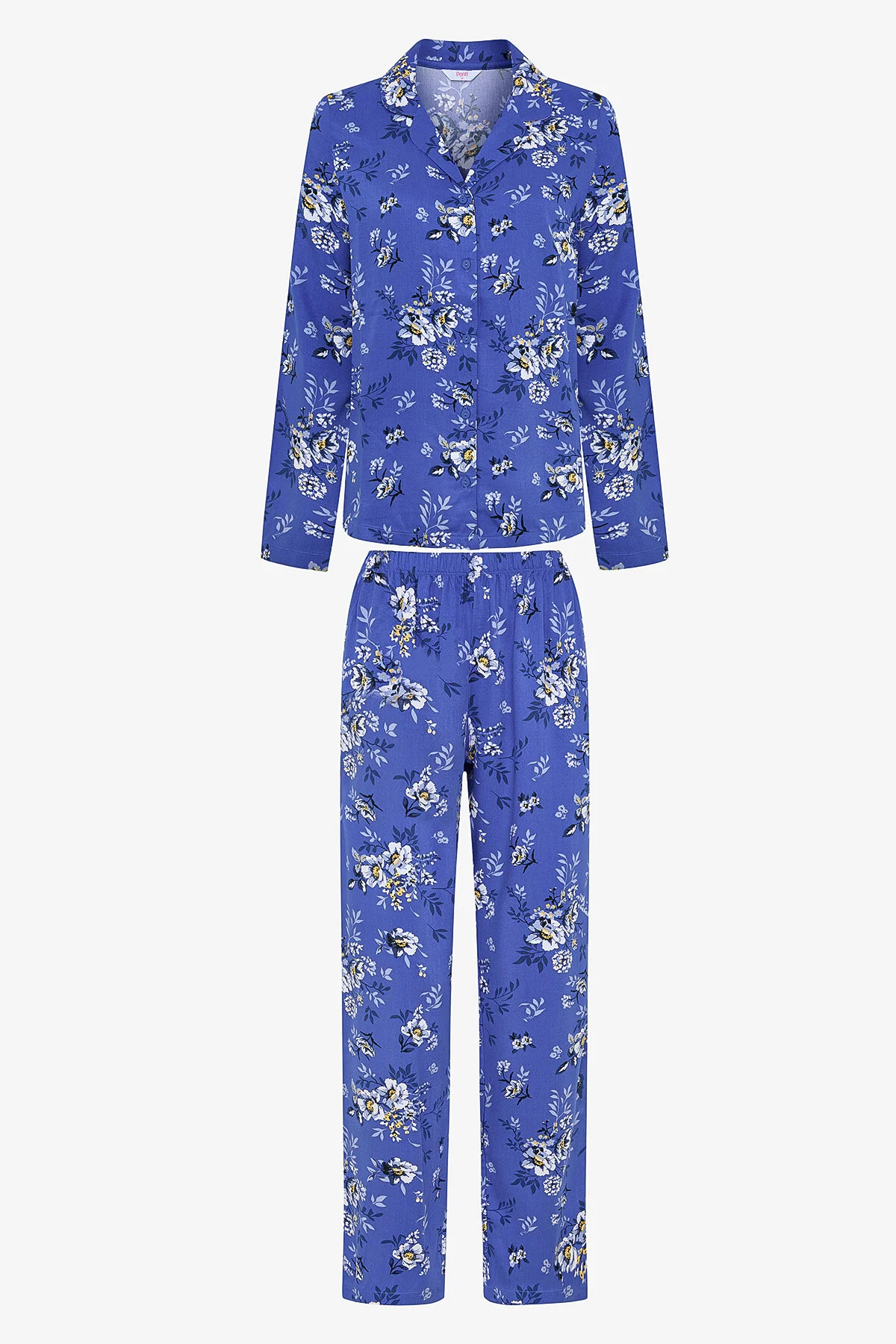 Bild von Penti Blaues Saks-pyjama-set Mit Hemd Und Hose Und Blumendruck für Damen - 2XL