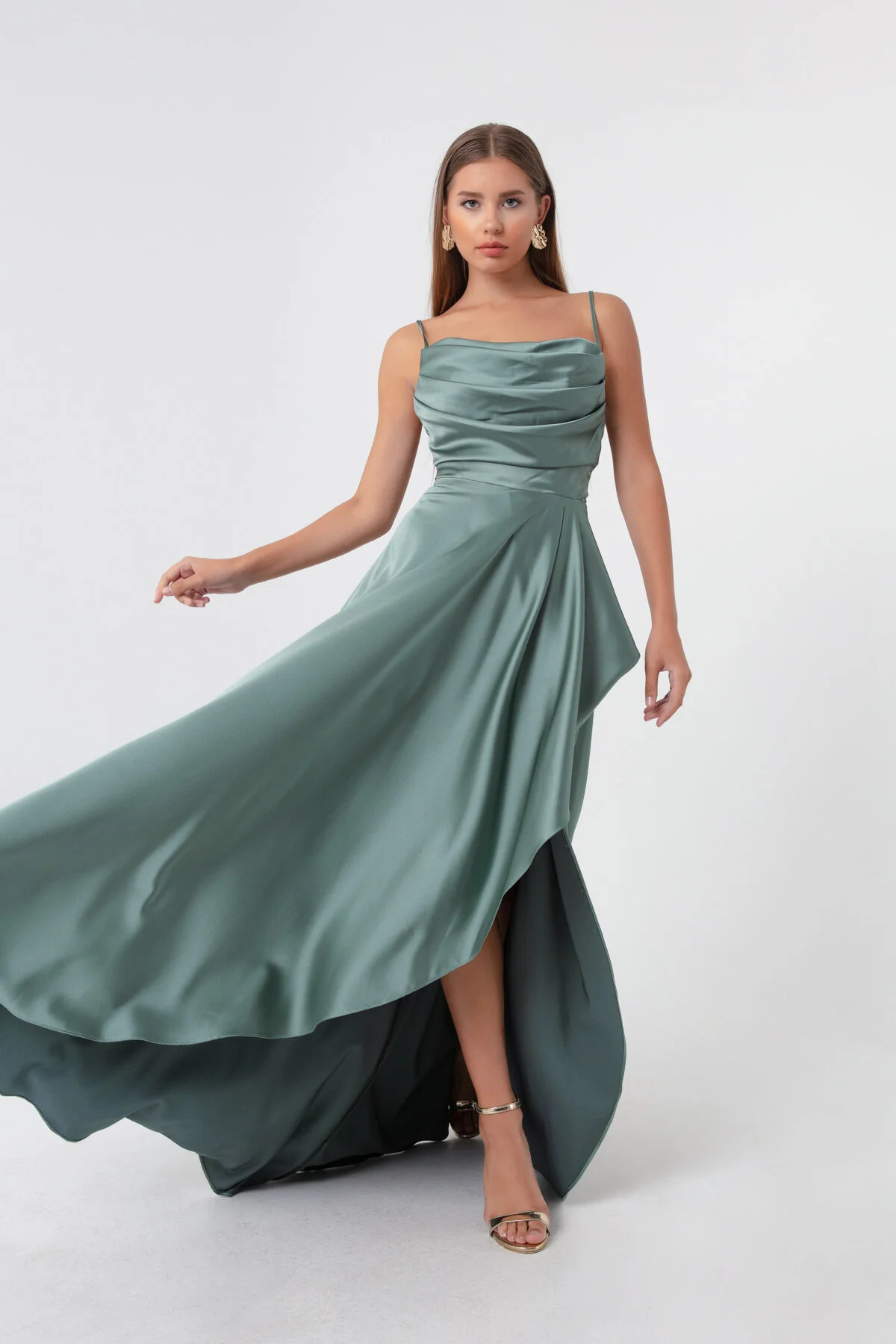 Bild von Lafaba Mintgrünes Volant-schlitz-satin-abendkleid Und Abschlusskleid für Damen - 36