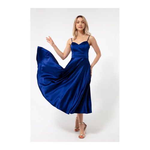 Bild von Lafaba Marineblaues Abendkleid aus Midi-Satin mit dünnen Trägern für Damen - 40