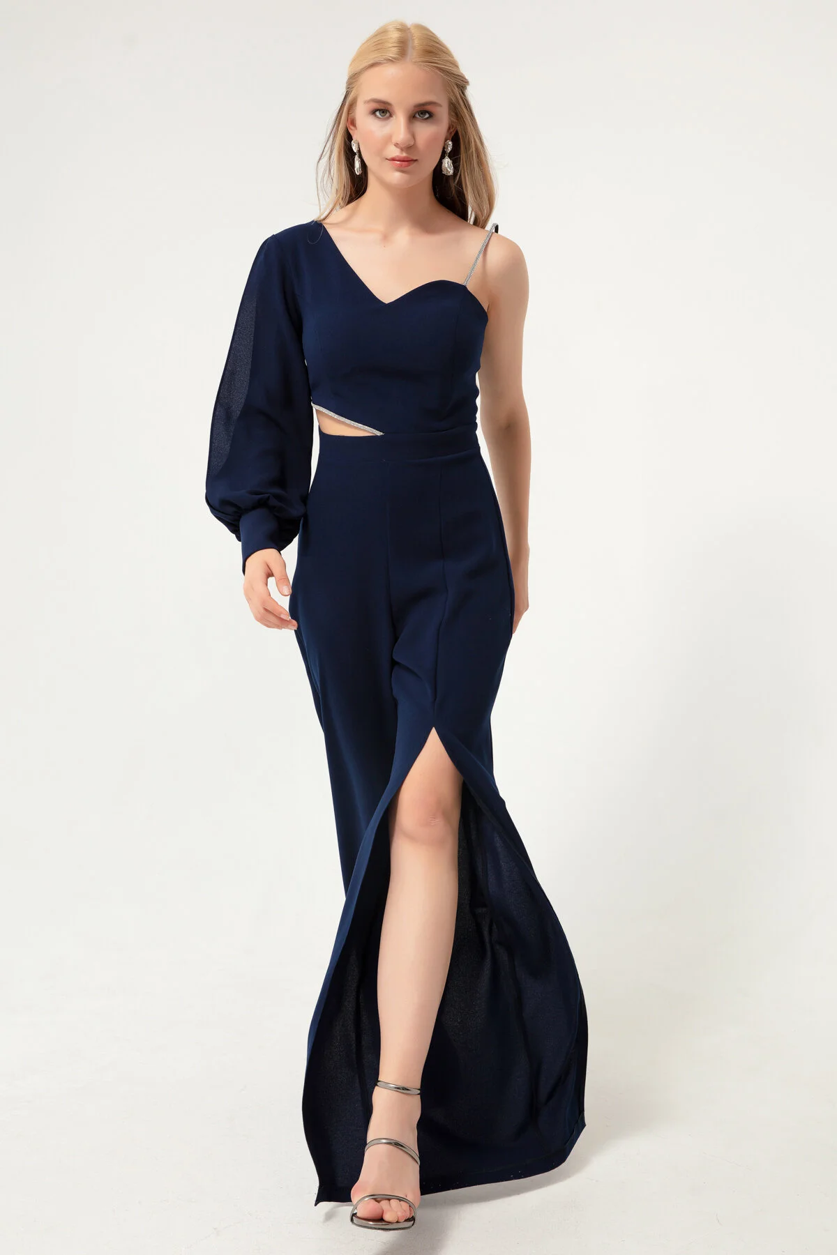 Bild von Lafaba Marineblauer, Einärmliger, Tief Ausgeschnittener Abendkleid-jumpsuit für Damen - 40