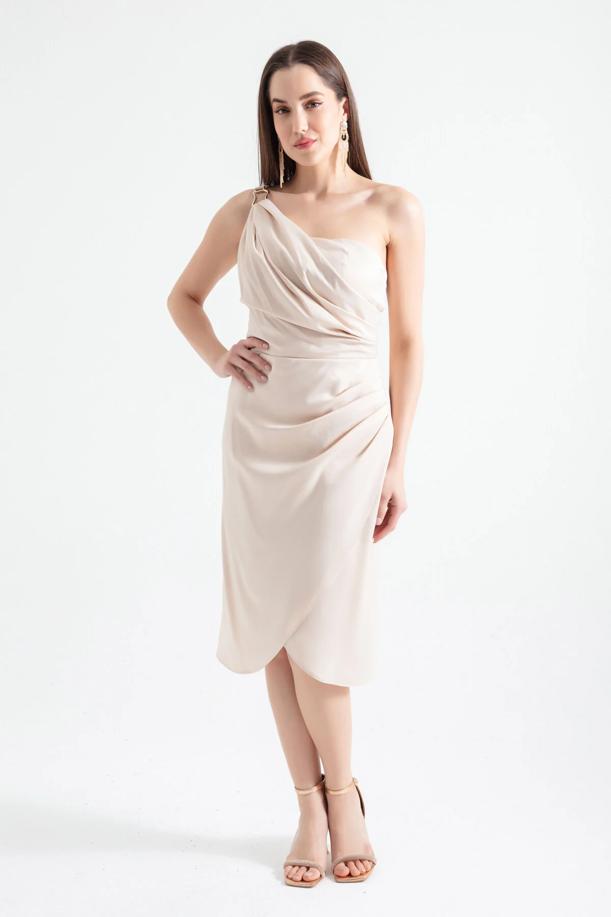 Bild von Lafaba Beiges One-shoulder-midi-abendkleid Aus Satin für Damen - 42