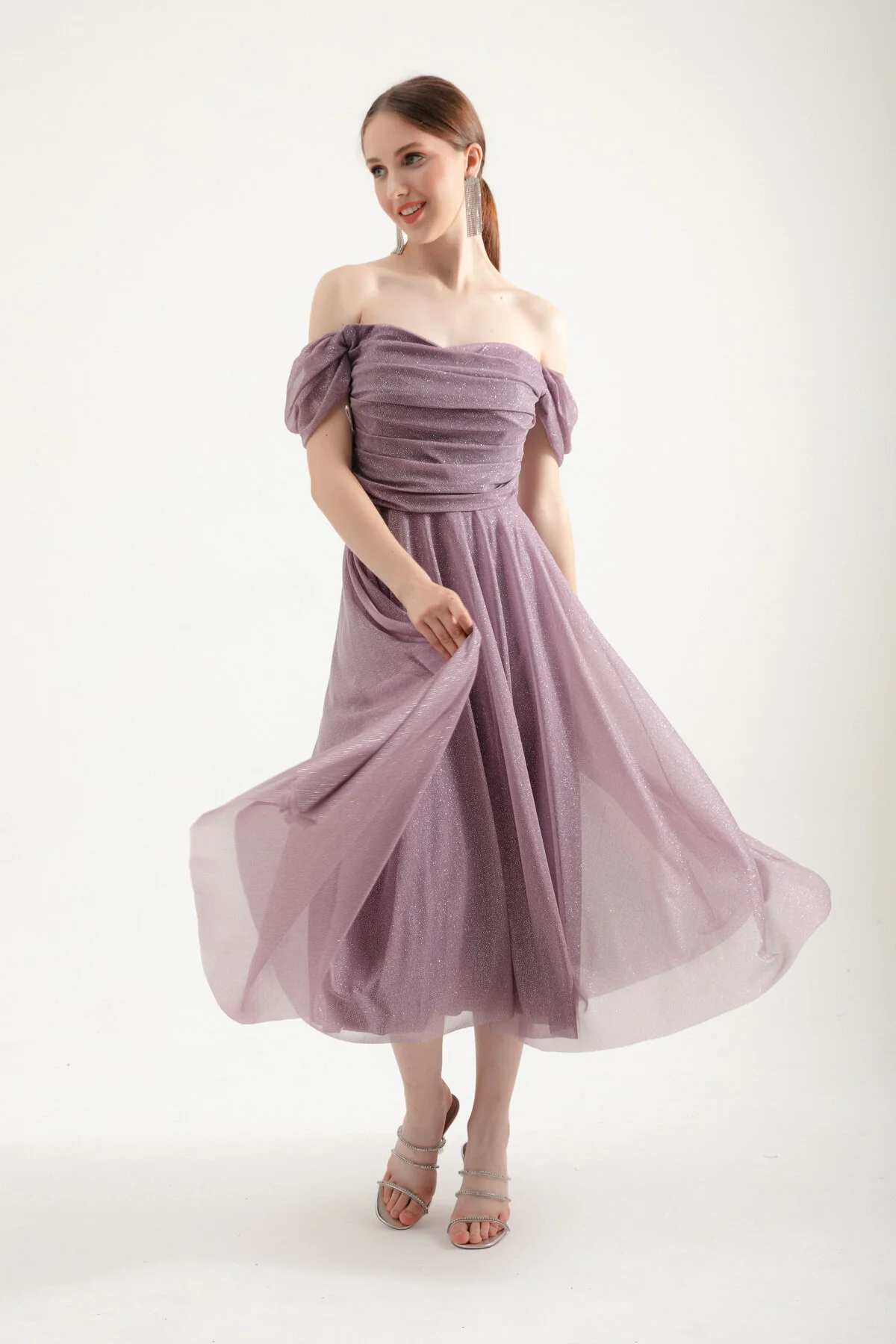 Bild von Lafaba Lavendelfarbenes, Ausgestelltes Midi-abendkleid – U-boot-ausschnitt Und Drapiertes Kleid für Damen - 38