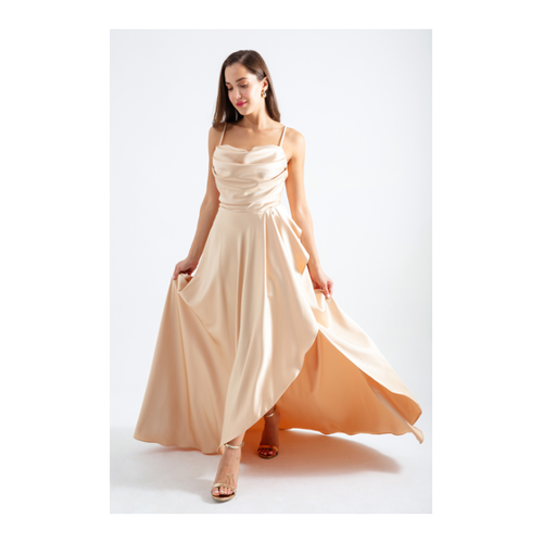 Bild von Lafaba Abend- Und Heimkehrkleid Aus Satin Mit Goldenem Volant Und Schlitz für Damen - 38