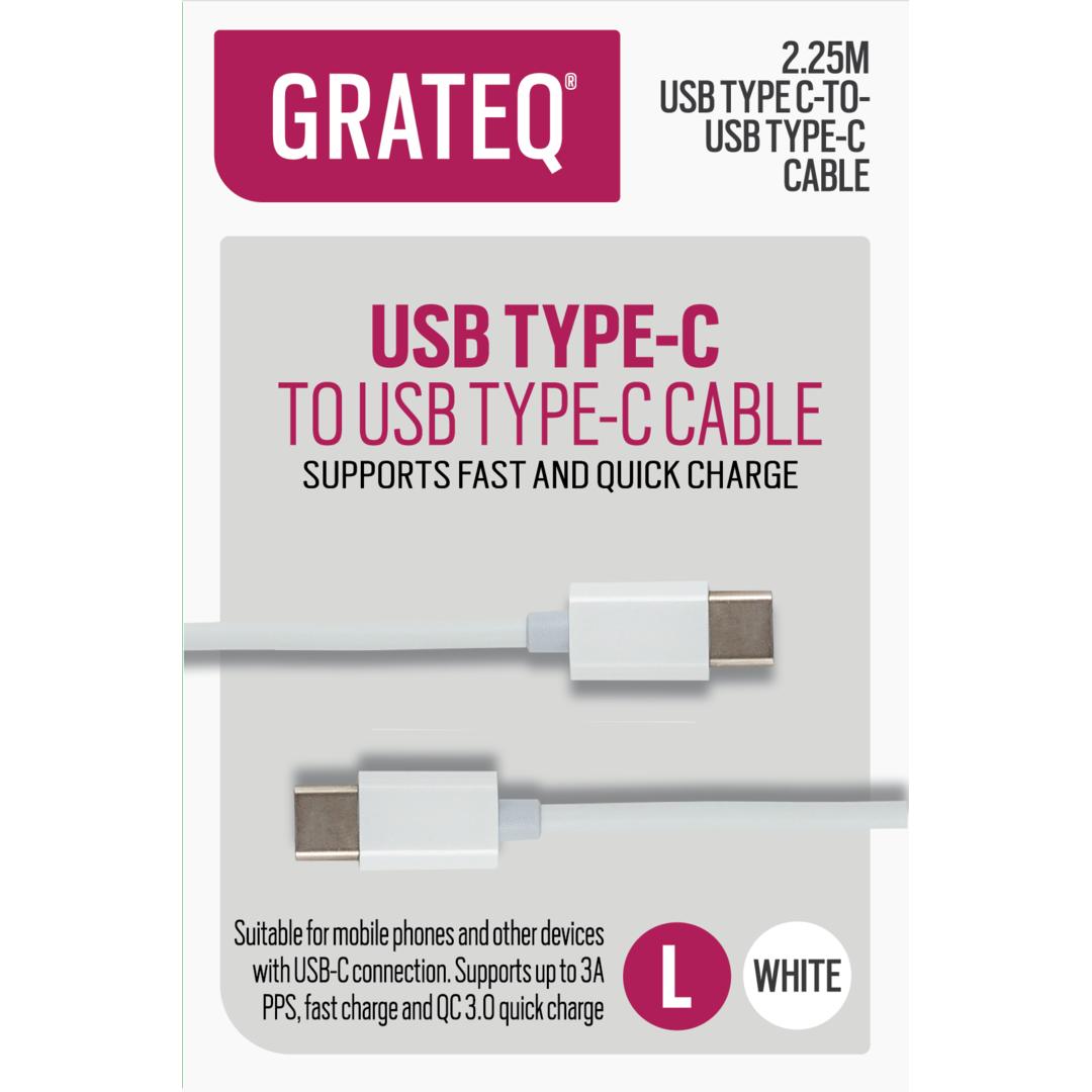 Bild von Grateq USB C - USB C LATAUSKAAPELI QUICK 2.25M VALKOINEN (2.25 m, USB 2.0), USB Kabel