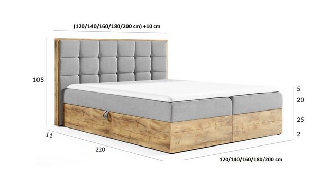 Bild von Fun Möbel Boxspringbett Boxspringbett Schlafzimmerbett KALYPSO Überlänge in Stoff Faro (auch in Standardlänge erhältlich, inkl. Kaltschaumtopper), Rahmen des Bettes in Artisan Eichen-Optik