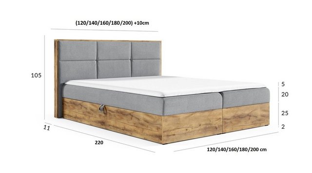 Bild von Fun Möbel Boxspringbett Boxspringbett Schlafzimmerbett BARTEL Überlänge in Stoff Faro (inkl. Kaltschaumtopper und Bettkästen, auch in Standardlänge erhältlich), Rahmen des Bettes in Artisan Eichen-Optik