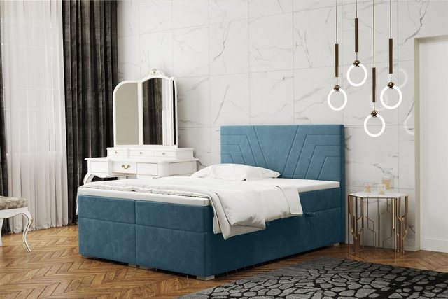 Bild von Fun Möbel Boxbett Schlafzimmerbett RAMON in Stoff Matt Velvet (inkl. Topper und Bettkästen, auch in Überlänge erhältlich), Gestepptes Kopfteil