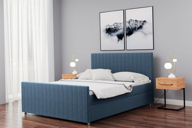 Bild von Fun Möbel Boxbett Schlafzimmerbett ROSALIE Überlänge in Stoff Matt Velvet (inkl. Topper und Bettkästen, auch in Standardlänge erhältlich), gepolstertes und gestepptes Kopf- und Fußteil