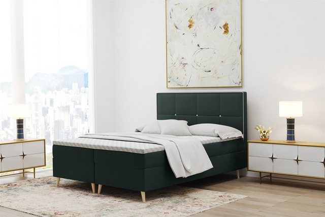 Bild von Fun Möbel Boxbett Schlafzimmerbett RENAN in Stoff Riviera (inkl. Topper und Bettkästen, auch in Überlänge erhältlich), Kopfteil mit kontrastfarbigem Saum und Knöpfen