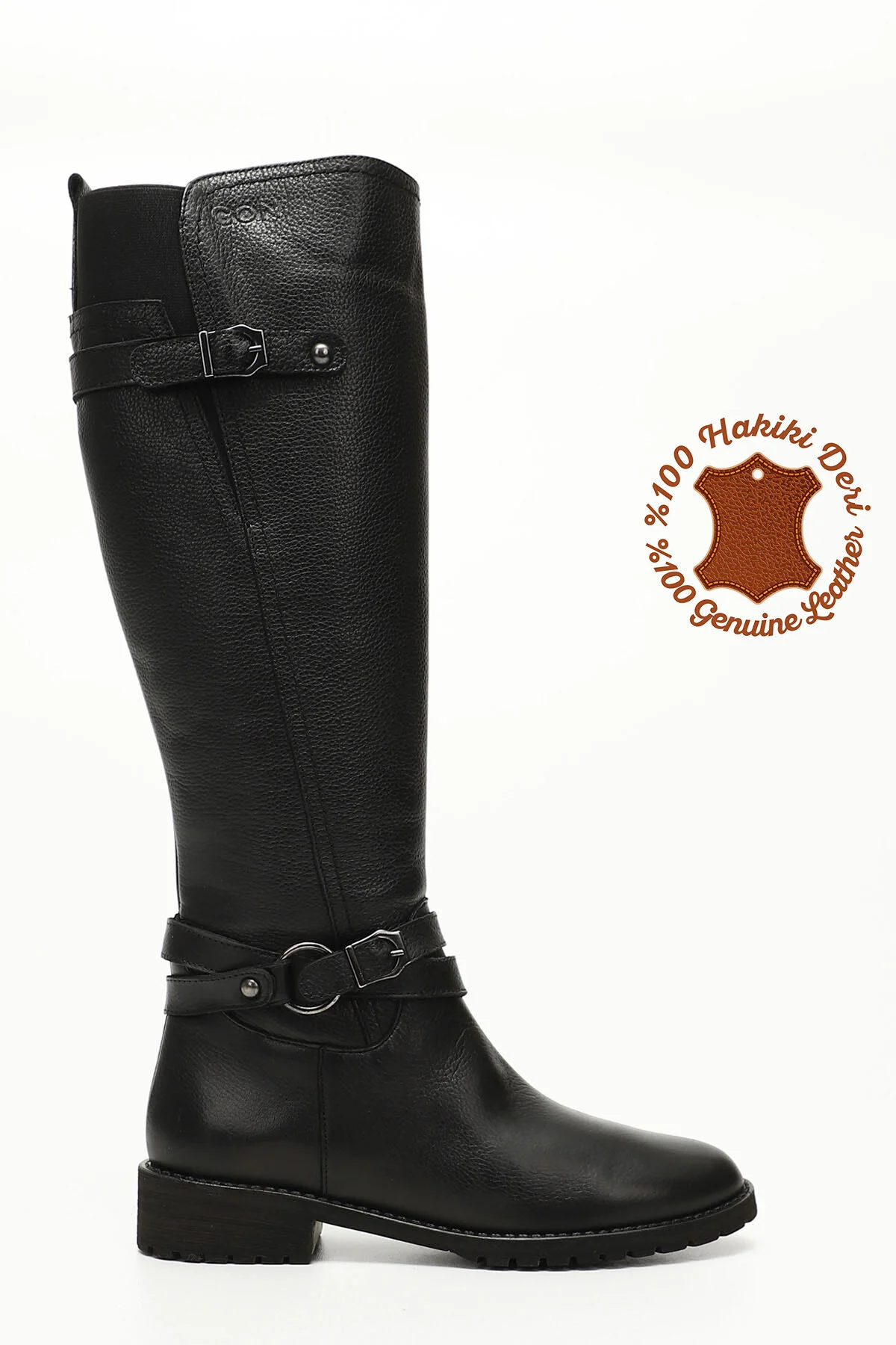 Bild von GÖNDERİ(R) Schwarze Floater-stiefel Aus Echtem Leder Mit Runder Spitze Und Gummisohle Und Schnalle Für Den Alltag für Damen - 37